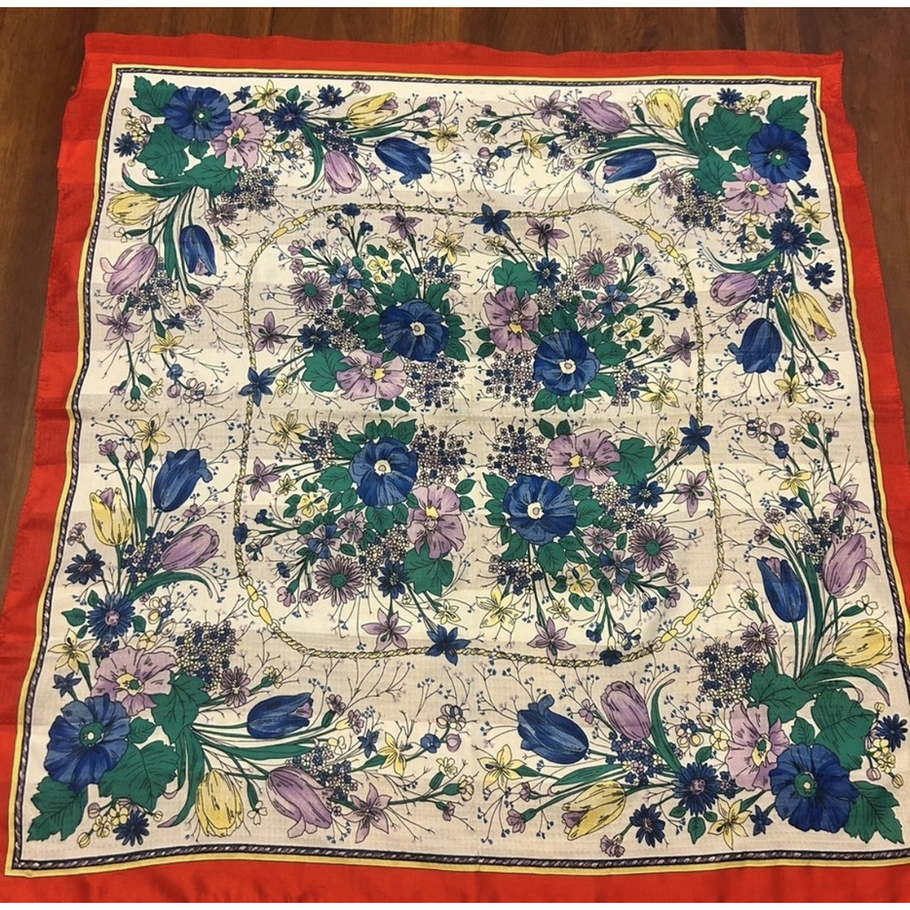 Vibrant Floral Square Scarf with Red border - 28” X 30”